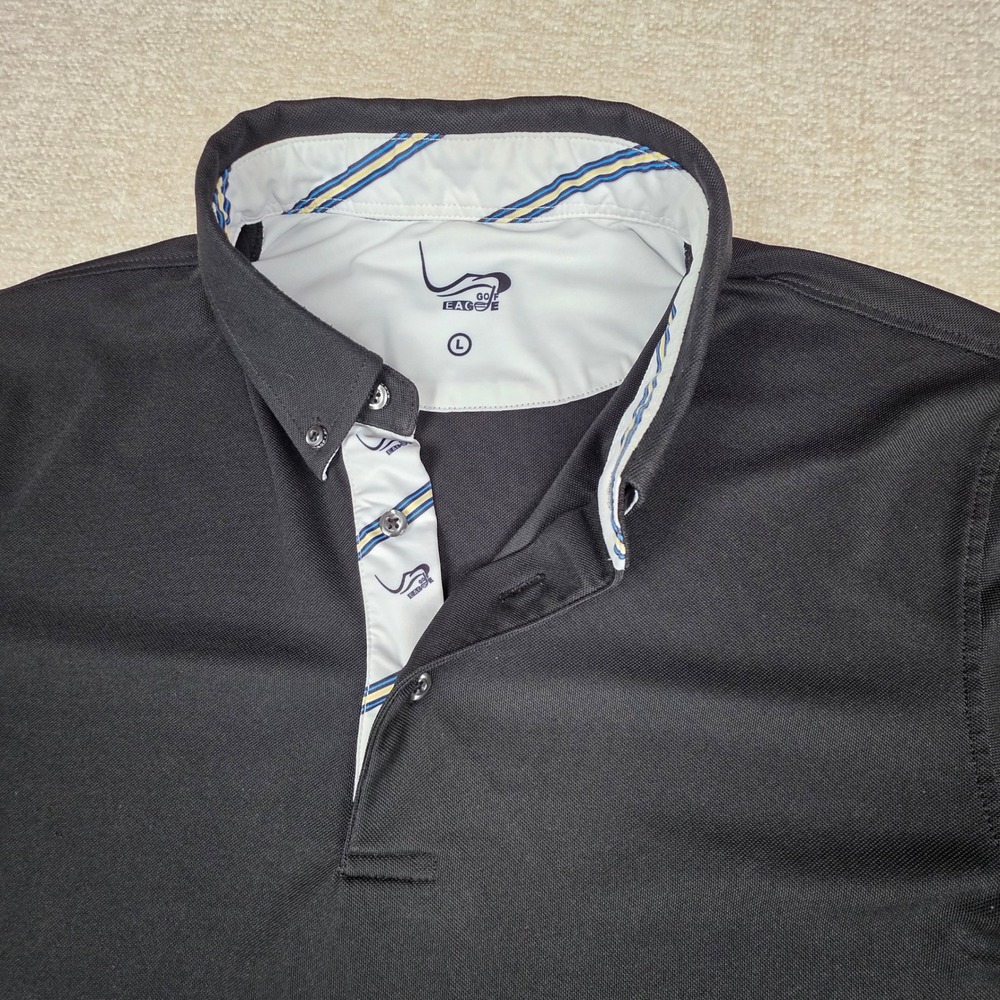 EAGEGOF Mens Black Short Sleeve Performance Polo Shirt Button Down Collar L